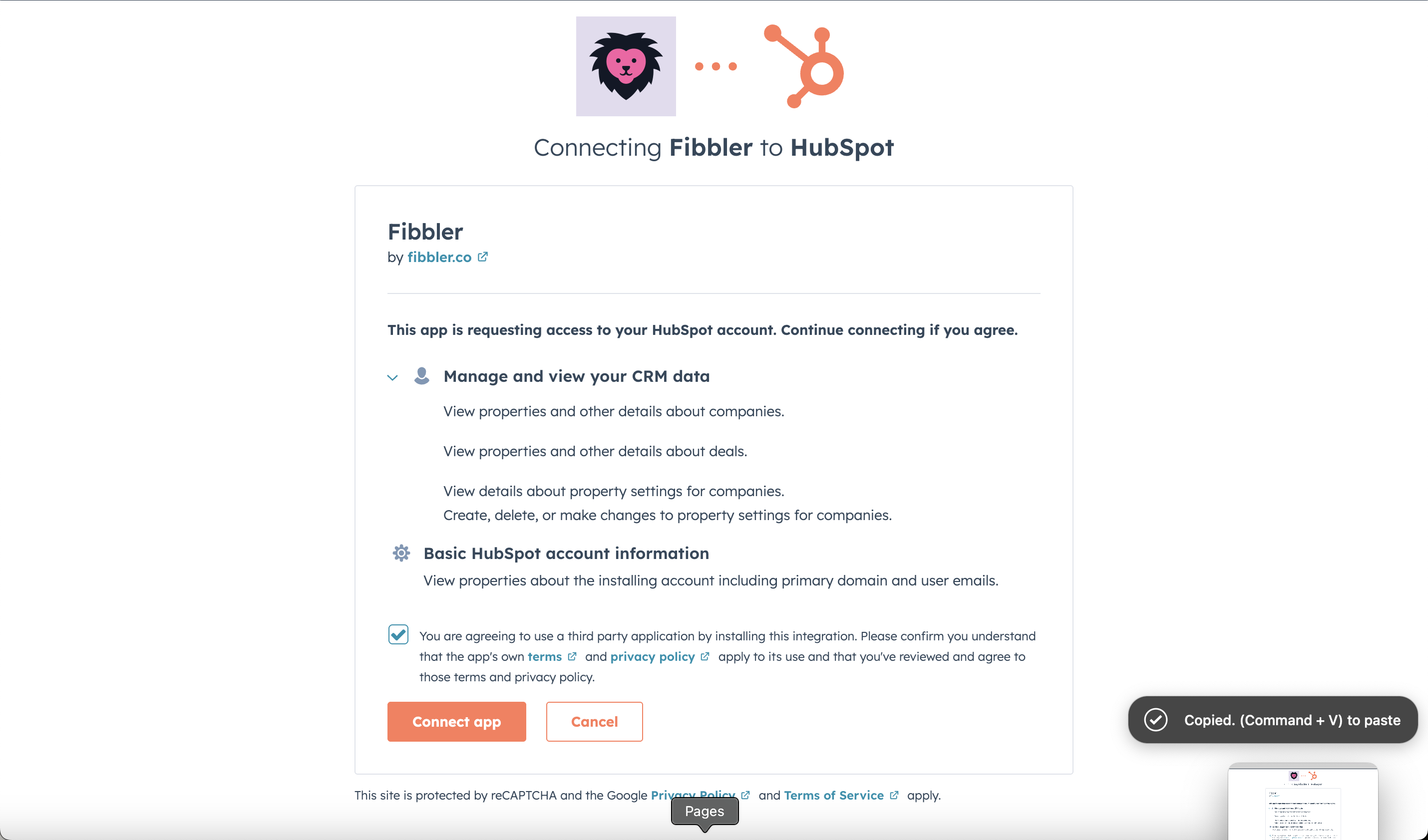 HubSpot permissions approval screen showing data access scopes