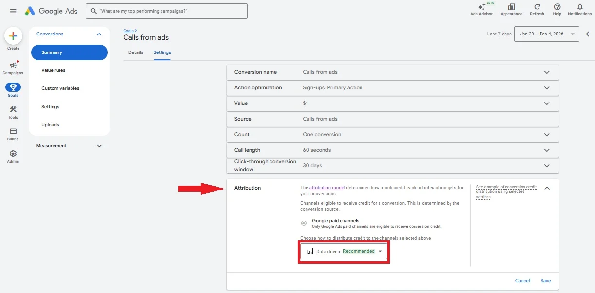 Google Ads attribution model dropdown