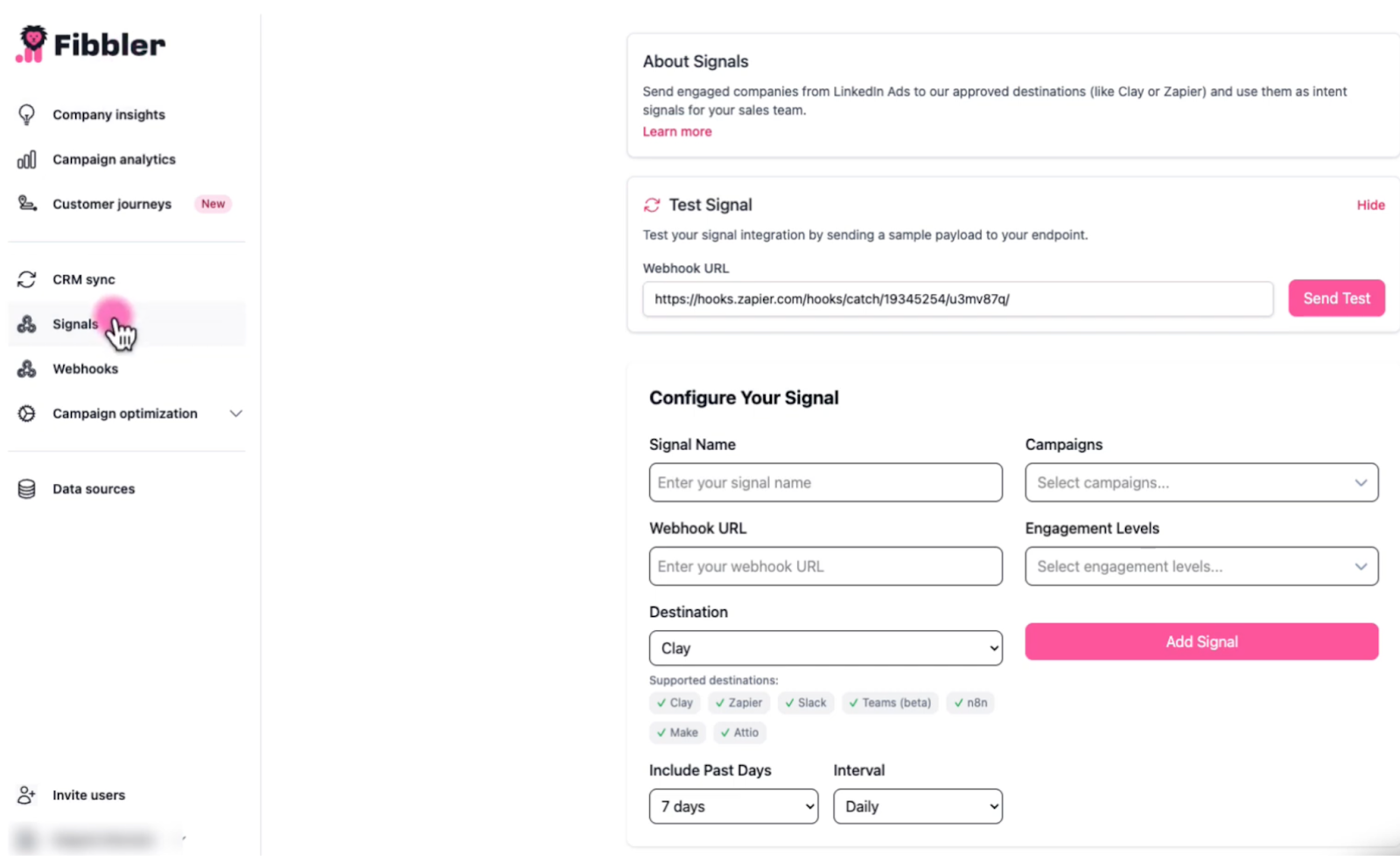 Fibbler Signals configuration screen for Slack integration