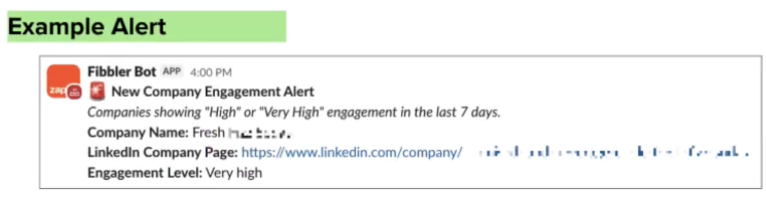 Example of a Fibbler engagement alert in Slack
