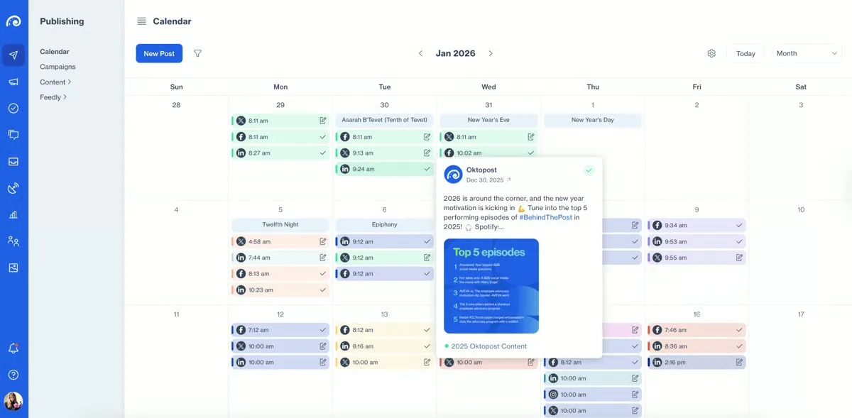 Oktopost publishing calendar showing scheduled B2B social posts across LinkedIn and other channels
