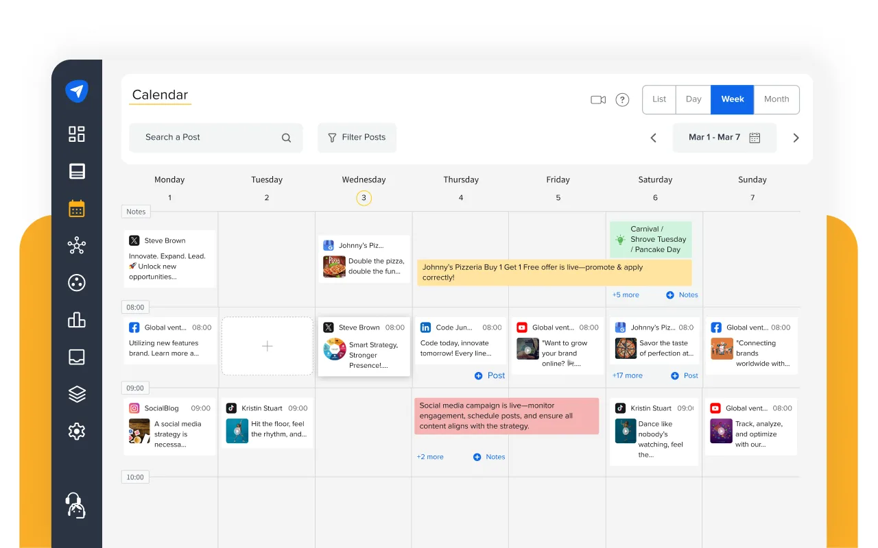 SocialPilot content calendar and scheduling dashboard for managing LinkedIn alongside other social networks