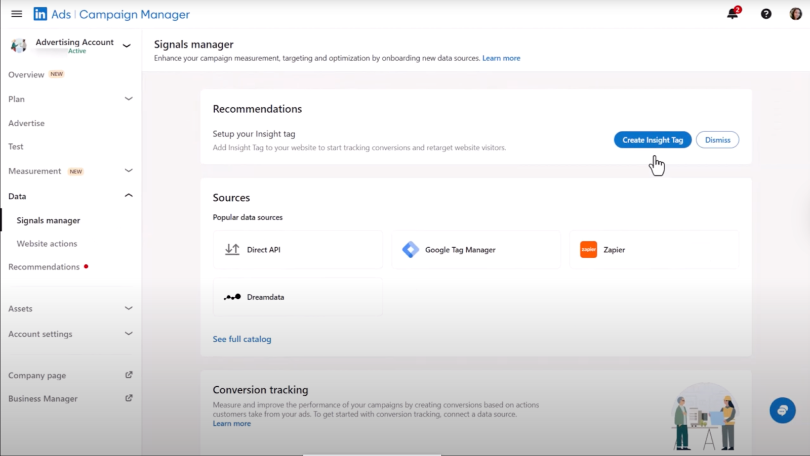 LinkedIn Campaign Manager Insight Tag setup screen