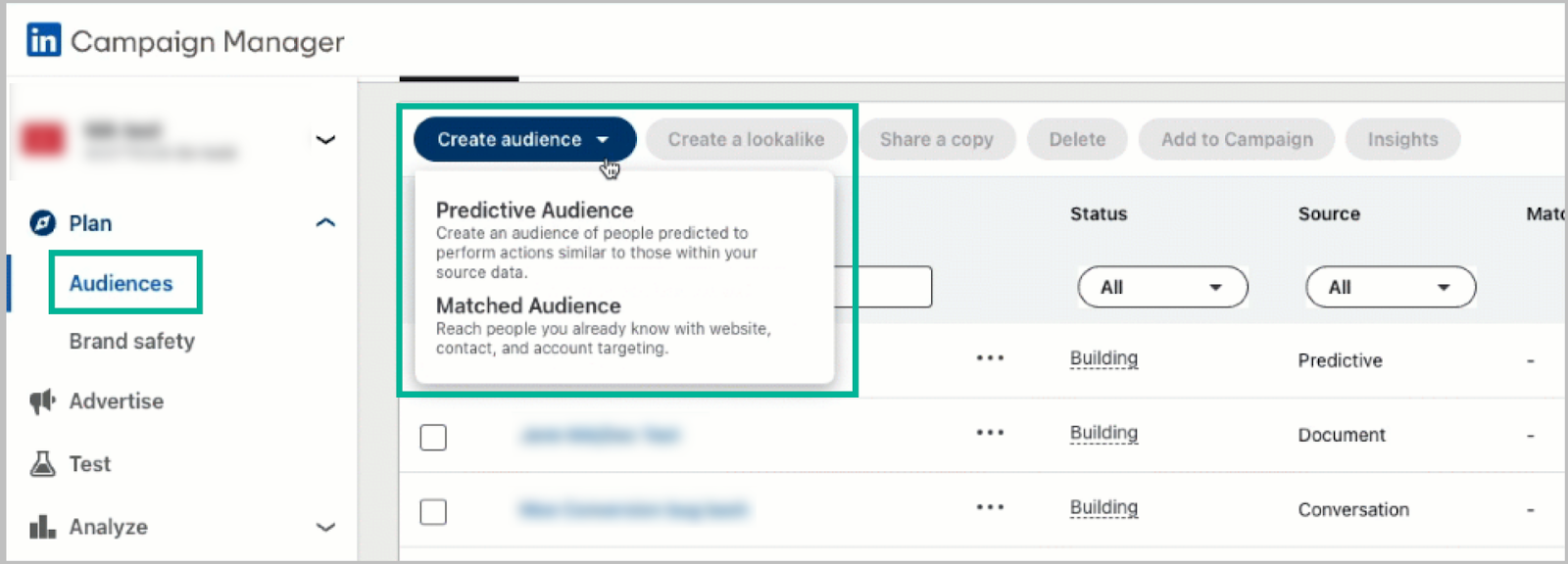 LinkedIn Campaign Manager matched audience creation screen