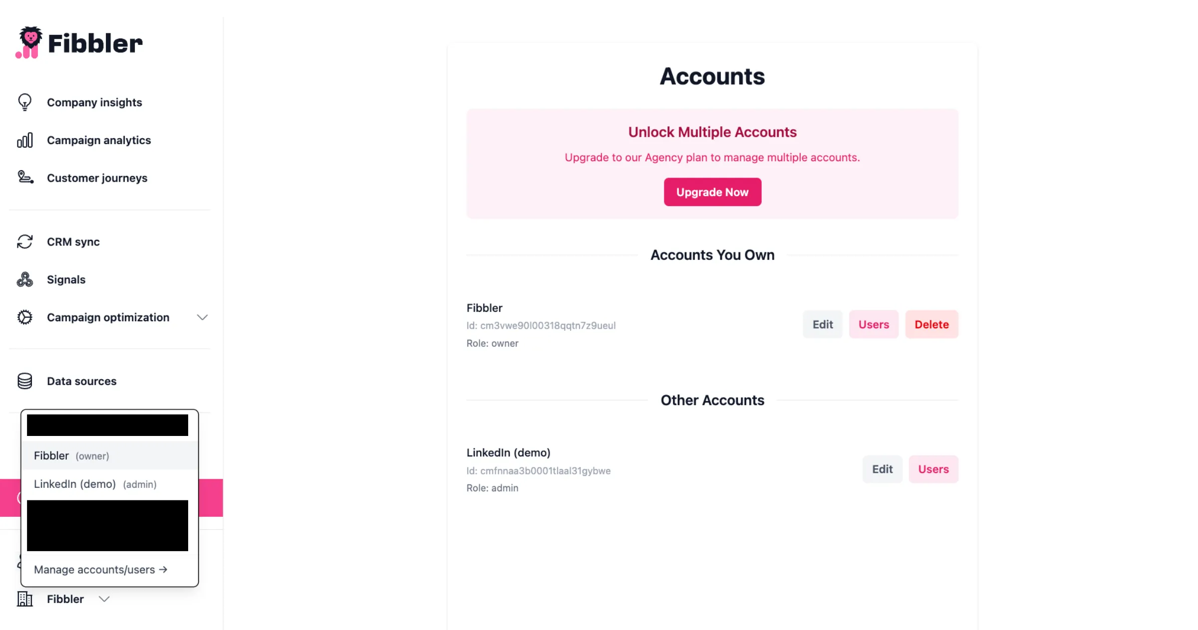Fibbler Agency plan setup showing multiple client accounts