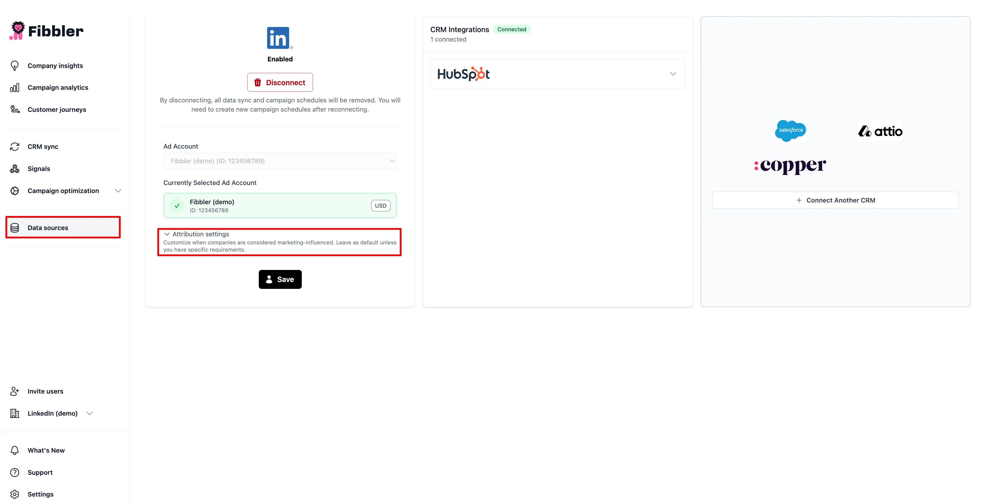 Fibbler attribution settings showing Awareness, Engagement, and Intent models with customizable thresholds